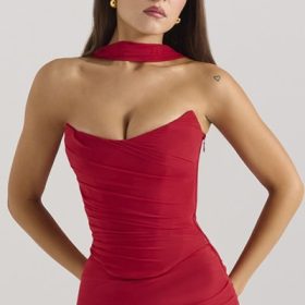 Hallie Holly Red Strapless Corset Top with Detachable Neck Scarf - Image 5