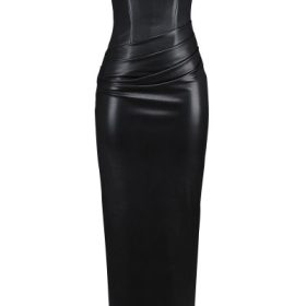 Juliana Black Strapless Vegan Leather Midi Dress - Image 2