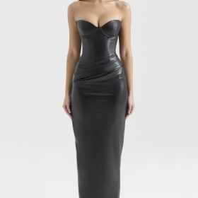 Juliana Black Strapless Vegan Leather Midi Dress - Image 7