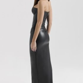 Juliana Black Strapless Vegan Leather Midi Dress - Image 10