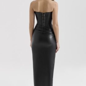 Juliana Black Strapless Vegan Leather Midi Dress - Image 11