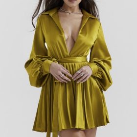 Allegra Chartreuse Pleated Shirt Dress - Image 5