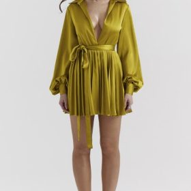 Allegra Chartreuse Pleated Shirt Dress - Image 7