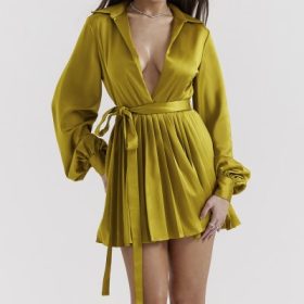 Allegra Chartreuse Pleated Shirt Dress - Image 9