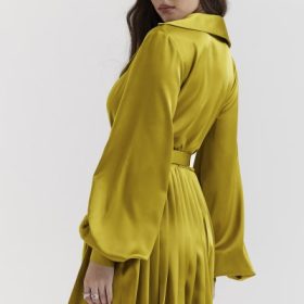 Allegra Chartreuse Pleated Shirt Dress - Image 11
