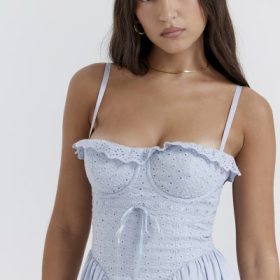 Jaime Soft Blue Cotton Broderie Anglais Midi SunDress - Image 9