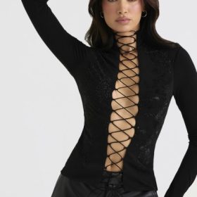 Lori Black Crystallised Lace Up Top - Image 9