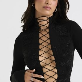 Lori Black Crystallised Lace Up Top - Image 10