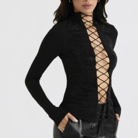 Lori Black Crystallised Lace Up Top - Image 11