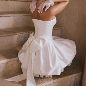 Noele White Satin Strapless Bow Mini Gown