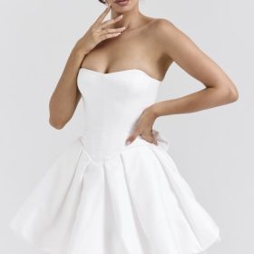 Noele White Satin Strapless Bow Mini Gown - Image 7