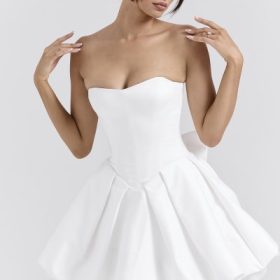 Noele White Satin Strapless Bow Mini Gown - Image 8