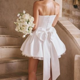 Noele White Satin Strapless Bow Mini Gown - Image 14