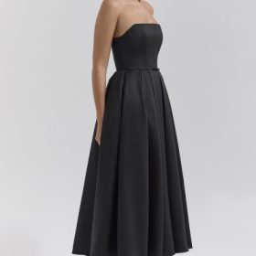 Contessa Black Strapless Satin Corset Midi Dress