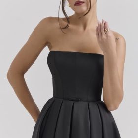 Contessa Black Strapless Satin Corset Midi Dress - Image 8