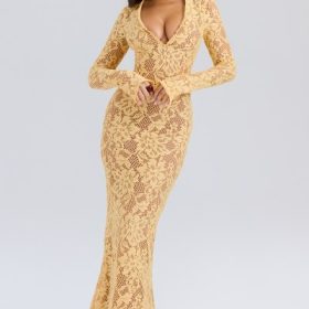 Indiana Apricot Plunge Lace Maxi Dress - Image 5