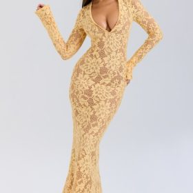 Indiana Apricot Plunge Lace Maxi Dress - Image 8