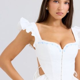 Lilibet White Embroidered Cotton Peplum Corset Top - Image 8