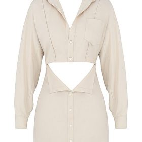 Julietta Beige Linen Cutout Shirt Dress - Image 2