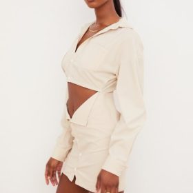 Julietta Beige Linen Cutout Shirt Dress - Image 9