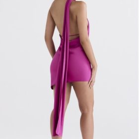 Aida Hot Pink Asymmetric Wrap Neck Dress - Image 9
