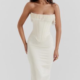 Nalita Vintage Cream Embellished Strapless Dress - Image 5
