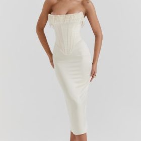 Nalita Vintage Cream Embellished Strapless Dress - Image 9