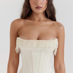 Nalita Vintage Cream Embellished Strapless Dress - Image 10
