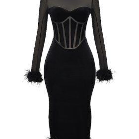 Lianna Black Velvet Midi Dress - Image 2