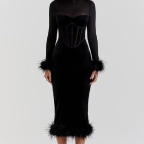 Lianna Black Velvet Midi Dress - Image 5