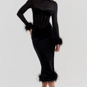 Lianna Black Velvet Midi Dress - Image 8