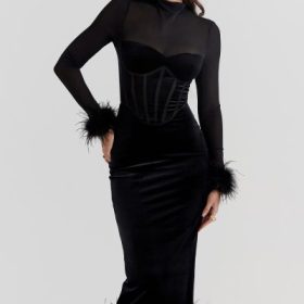 Lianna Black Velvet Midi Dress - Image 9