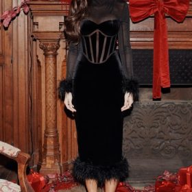 Lianna Black Velvet Midi Dress - Image 14