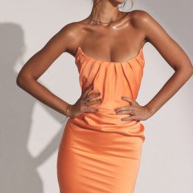 Alora Tangerine Strapless Corset Midi Dress