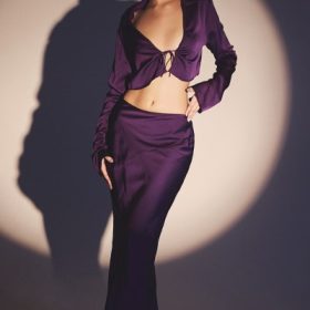Colette Grape Satin Low Waist Midi Skirt