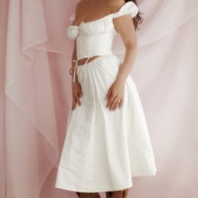 Cora White Gathered Midi Skirt