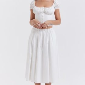 Cora White Gathered Midi Skirt - Image 7