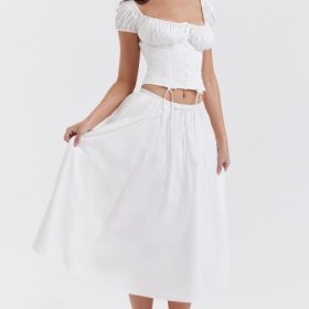 Cora White Gathered Midi Skirt - Image 8