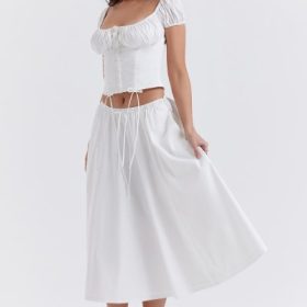 Cora White Gathered Midi Skirt - Image 9