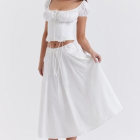 Cora White Gathered Midi Skirt - Image 10
