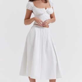 Cora White Gathered Midi Skirt - Image 11