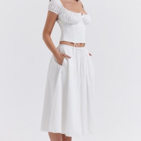 Cora White Gathered Midi Skirt - Image 13