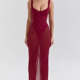 Robina Wine Stretch Mesh Maxi Dress - Image 4