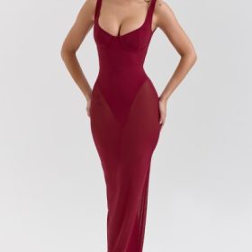 Robina Wine Stretch Mesh Maxi Dress - Image 7