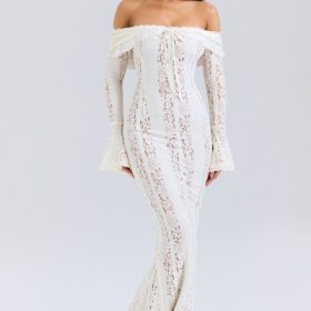 Belle Vintage Cream Floral Lace Off Shoulder Maxi Dress - Image 5