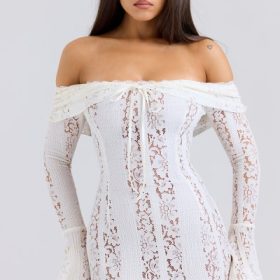Belle Vintage Cream Floral Lace Off Shoulder Maxi Dress - Image 8