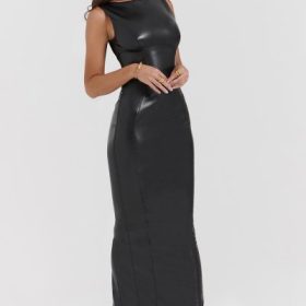 Sahara Black Vegan Leather Maxi Dress - Image 8