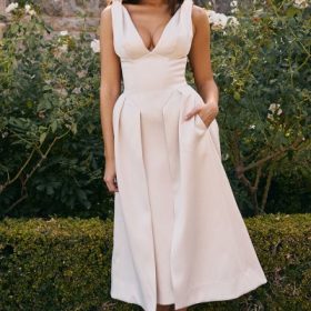 Paloma Vintage Cream Satin Pleated Midi Dress - Image 6