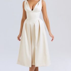 Paloma Vintage Cream Satin Pleated Midi Dress - Image 7