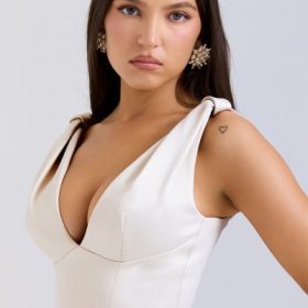 Paloma Vintage Cream Satin Pleated Midi Dress - Image 8